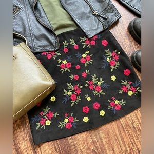 NWOT Embroidered Floral Faux Suede Skirt
